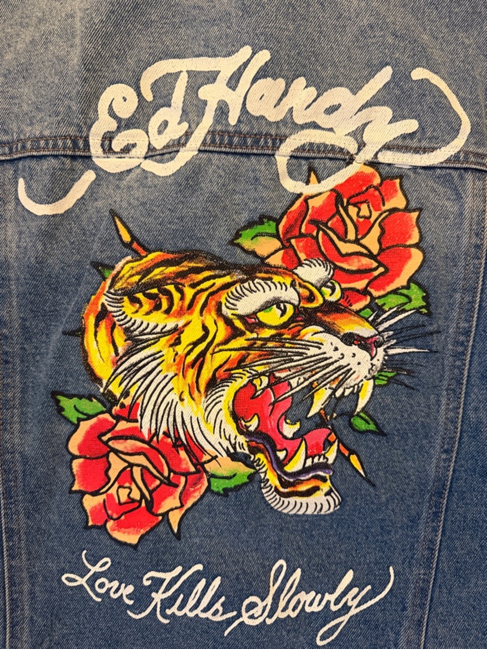 Ed Hardy Y2K Screaming Tiger Denim Jacket – Embroidered “Love Kills Slowly” L - Picture 6 of 12